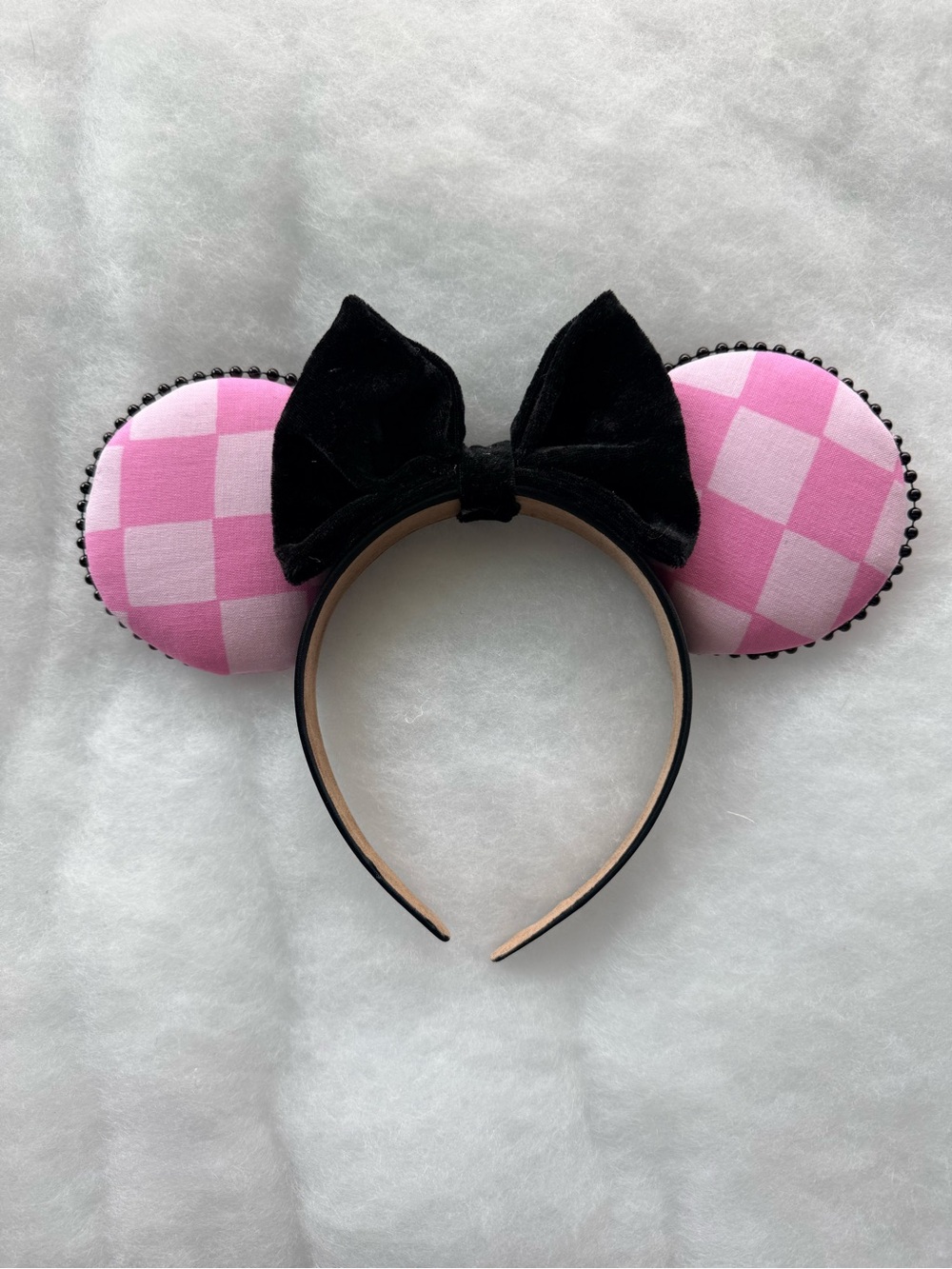 Pink Checker Disney Minnie Mouse Ears ear Headband with Black Velvet Bow